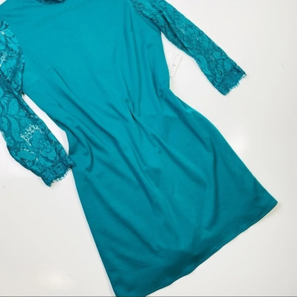 Charming Charlie Teal Aqua Lace Sleeve Shift Dress‎ Size Small - Picture 4 of 8